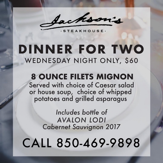 Our Wednesday night special is "Dinner for Two"! To order, call 850-469-9898 for curbside pick up.